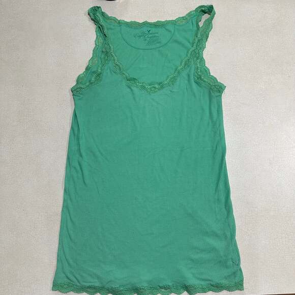 American Eagle Outfitters Tops - Vtg Y2K American Eagle Outfitters Ribbed Lace Trim Cami Tank Top Green